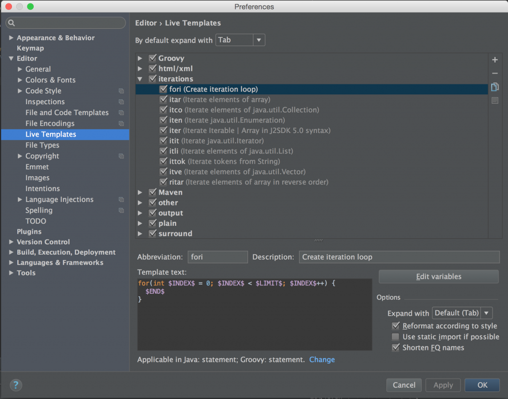 Android Studio Live Templates